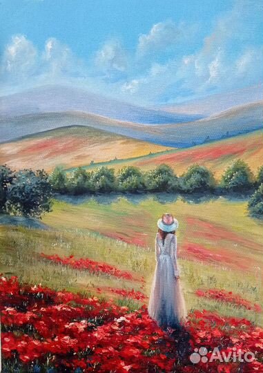 Картина маслом маки, девушка в маковом поле