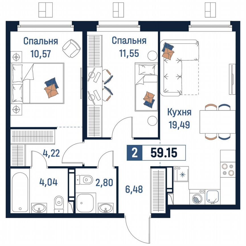 2-к. квартира, 59,2 м², 3/18 эт.