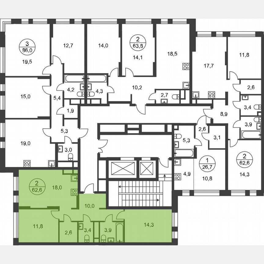 2-к. квартира, 62,6 м², 2/17 эт.