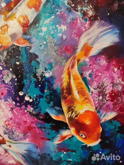 Картина маслом на холсте с карпами 60/60 см