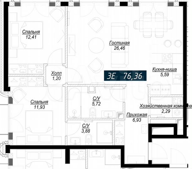 2-к. квартира, 76,4 м², 3/11 эт.