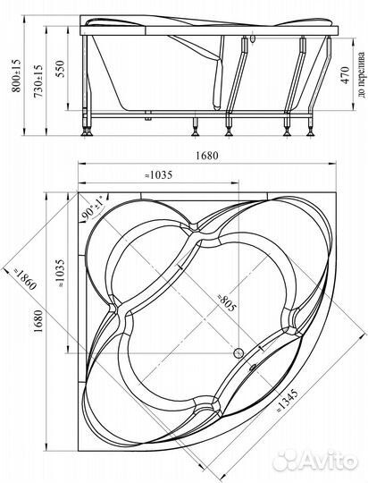 Ванна акрил 168х168 Radomir Филадельфия 1-01-0-0