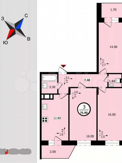 3-к. квартира, 75,9 м², 16/18 эт.