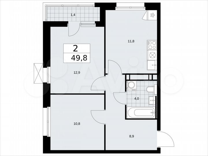 2-к. квартира, 49,8 м², 12/17 эт.