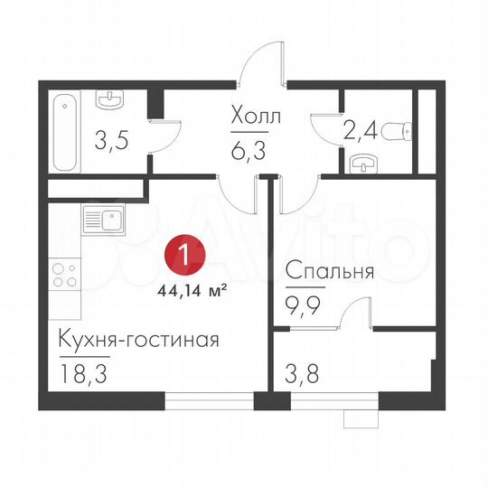 1-к. квартира, 44,1 м², 18/19 эт.