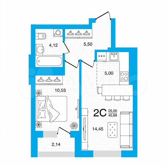 2-к. квартира, 40,7 м², 7/22 эт.