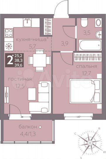 2-к. квартира, 39,6 м², 8/16 эт.