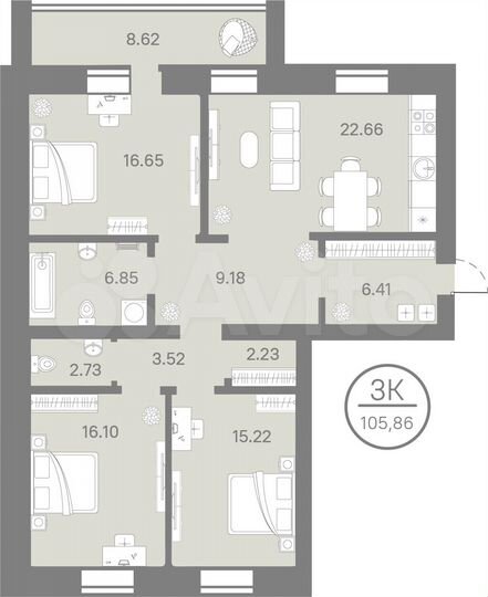 3-к. квартира, 105,9 м², 3/9 эт.