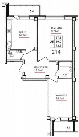 2-к. квартира, 72,3 м², 4/9 эт.