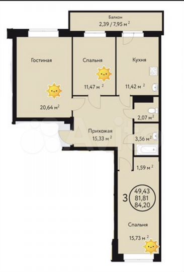 3-к. квартира, 84,4 м², 10/16 эт.
