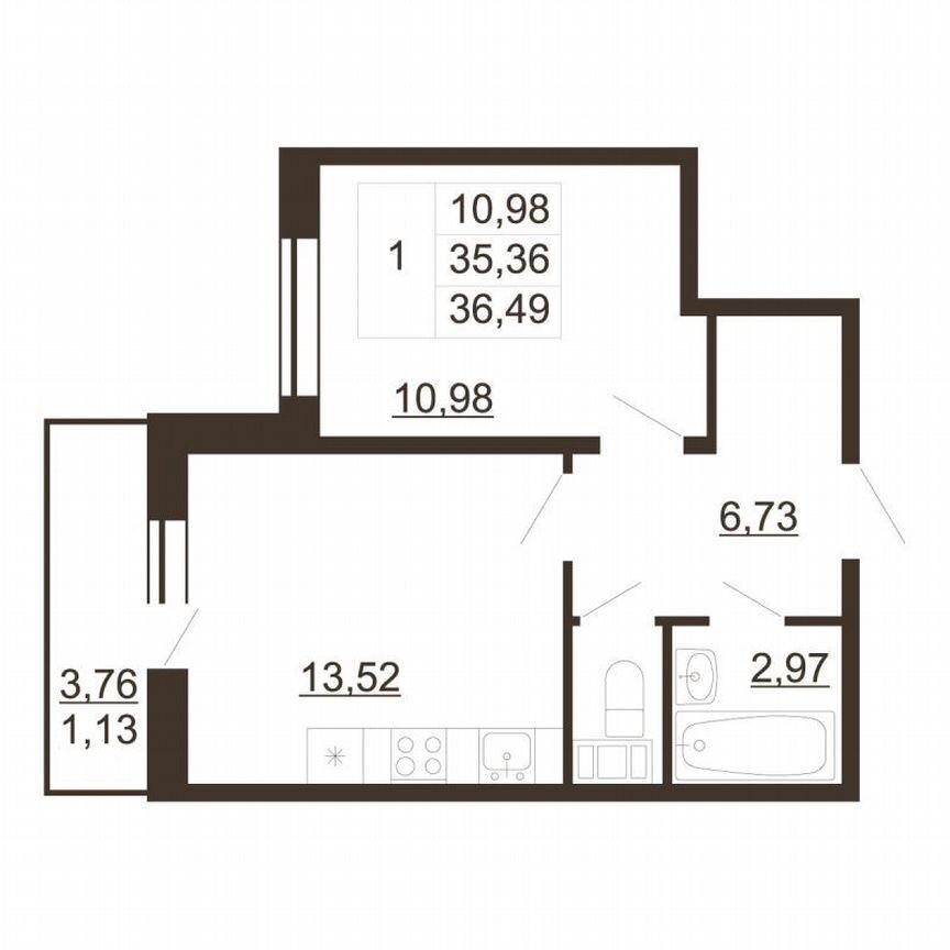 1-к. квартира, 36,5 м², 6/6 эт.