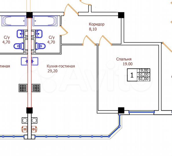 1-к. квартира, 61 м², 4/8 эт.