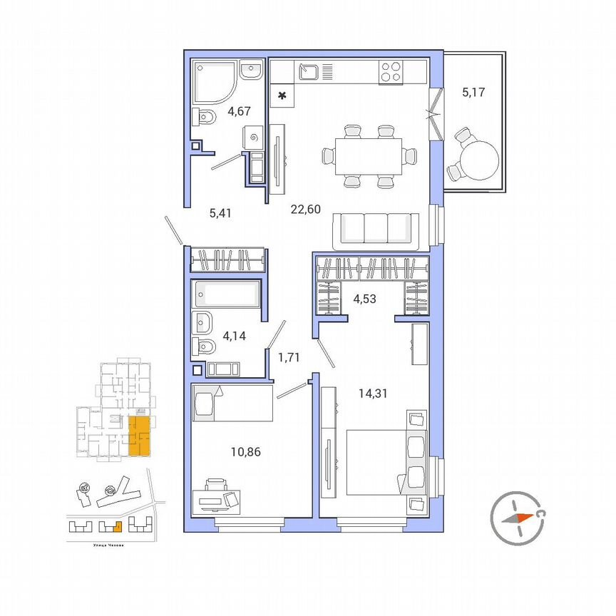 2-к. квартира, 69,9 м², 4/9 эт.