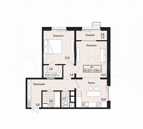 2-к. квартира, 59,3 м², 16/17 эт.