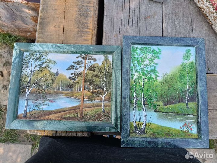 Картины из каменной крошки в мраморной рамке