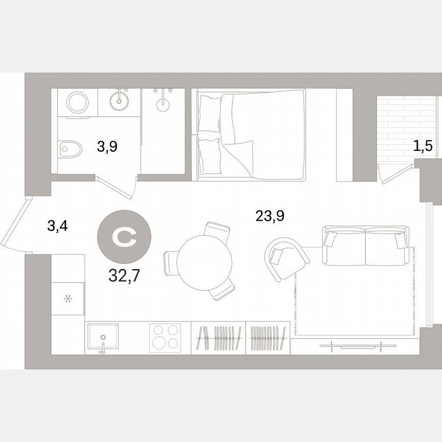 Квартира-студия, 32,2 м², 3/16 эт.