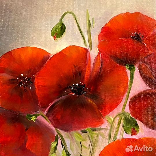 Картина маслом на холсте с Яркими Маками 50х40
