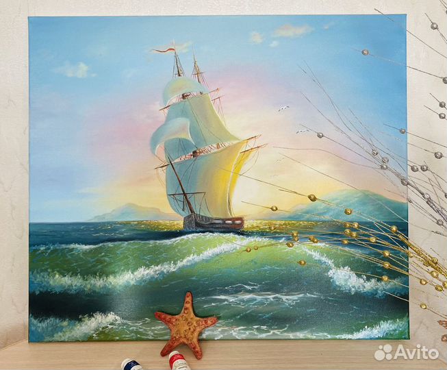 Картина маслом «море»парусник,закат