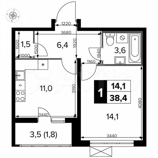 1-к. квартира, 38,4 м², 13/23 эт.