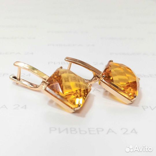 Золотые серьги с цитрином 585 пробы 10,91 грамм