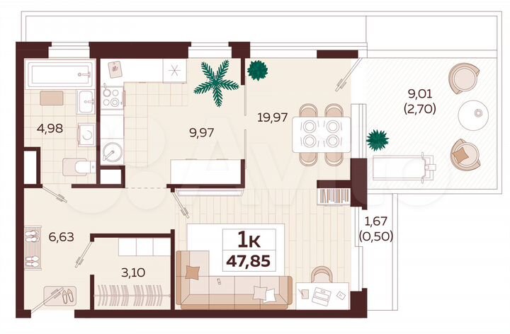 1-к. квартира, 48,4 м², 3/6 эт.