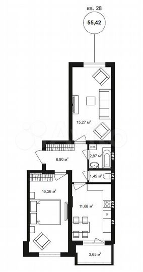2-к. квартира, 58 м², 3/4 эт.