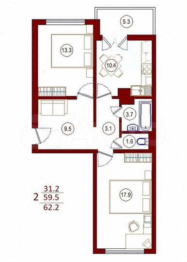 2-к. квартира, 62,2 м², 5/17 эт.
