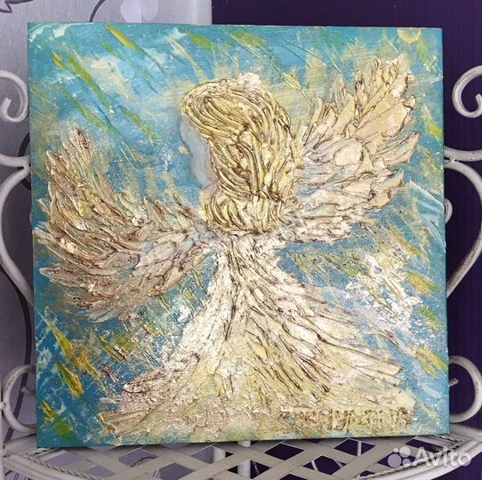 Картина золотой ангел оберег для подарка 30х30 см