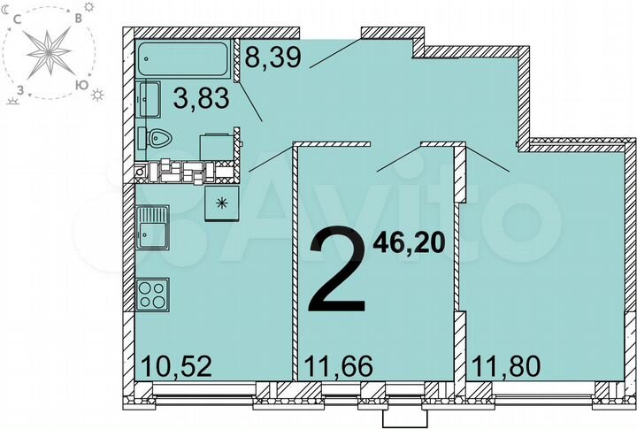 2-к. квартира, 46 м², 7/15 эт.