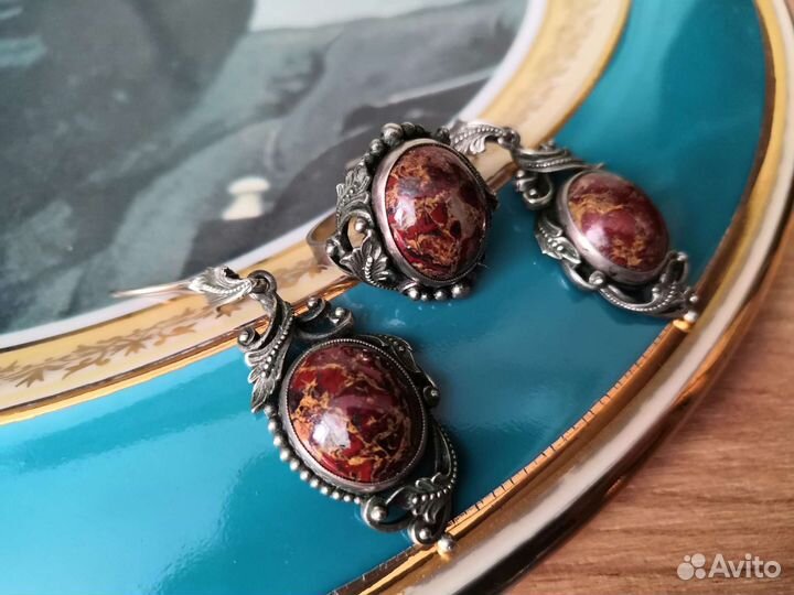 Серьги Кольцо СССР Мельхиор Яшма Уникальная работа