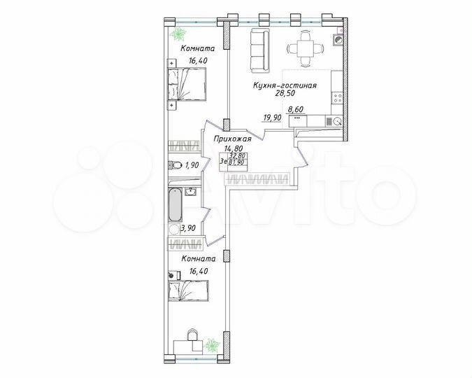 2-к. квартира, 81,9 м², 3/8 эт.