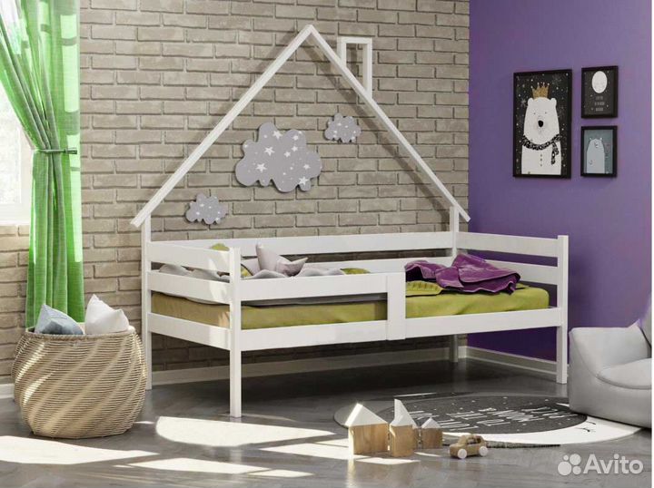 Софа детская Домик высокий борт из натурального де