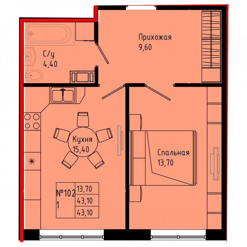 1-к. квартира, 43,1 м², 6/8 эт.