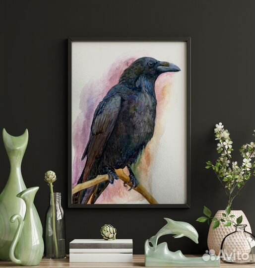 Картина черный ворон акварелью 20x30 см