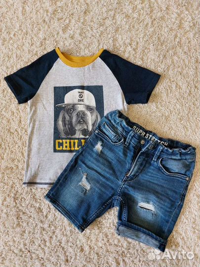 Джинсовые шорты+футболка 104