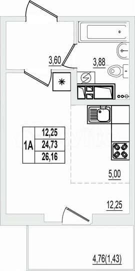 Квартира-студия, 26,2 м², 6/9 эт.