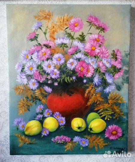 Цветы сентябринки и желтые груши. Масло/холст50х40