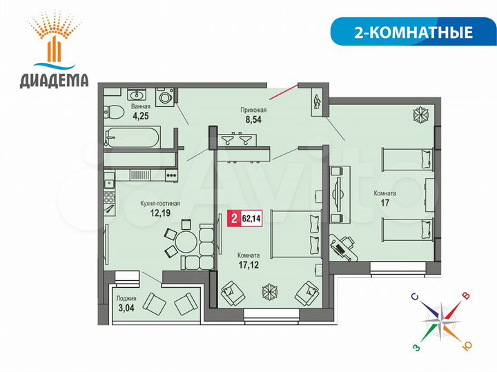 2-к. квартира, 62,1 м², 15/24 эт.