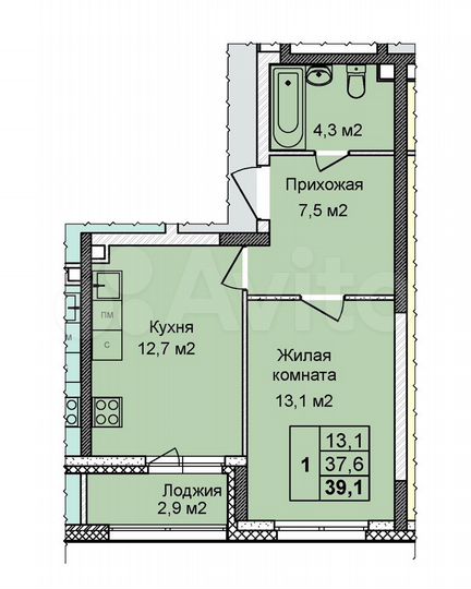 1-к. квартира, 38,4 м², 1/25 эт.
