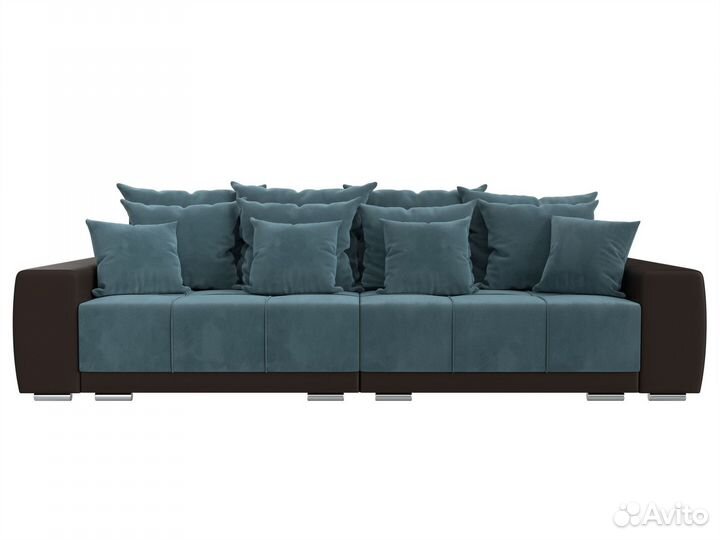Диван прямой Лига-028, велюр, бирюзовый, коричневый