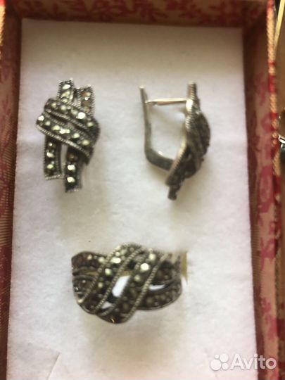 Серьги и кольцо, серебро 925, с марказитами