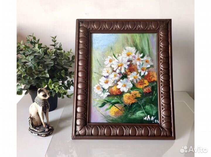 Ромашки, картина полевые цветы. Масло 18х24 в раме