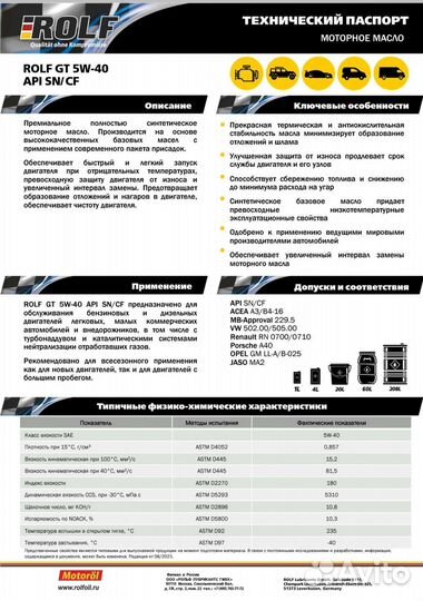 Моторное масло Rolf 5w40 4л