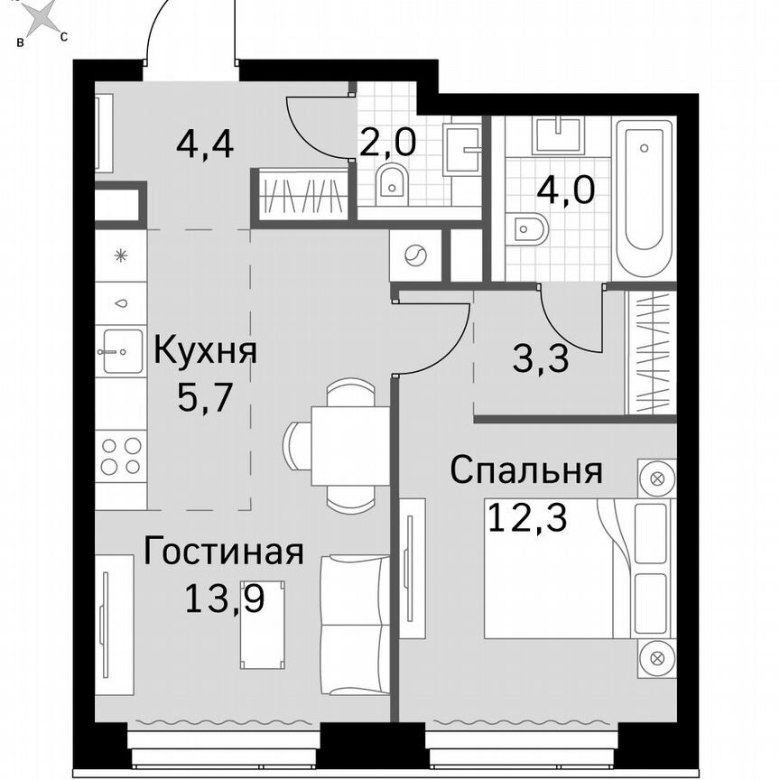 1-к. квартира, 45,6 м², 48/60 эт.