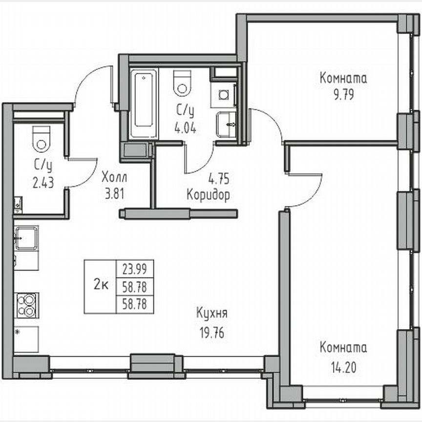 2-к. квартира, 58,8 м², 1/23 эт.