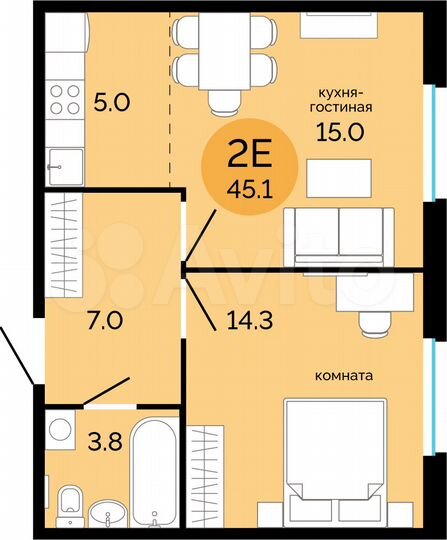 2-к. квартира, 45,1 м², 5/17 эт.