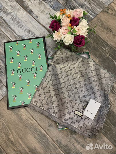 Платок шаль Gucci серый с люрексом полный комплект