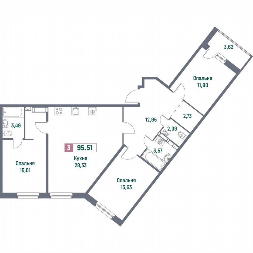 3-к. квартира, 95,5 м², 16/16 эт.