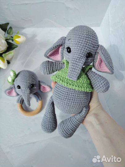 Вязаный слон, погремушка слоник (набор)