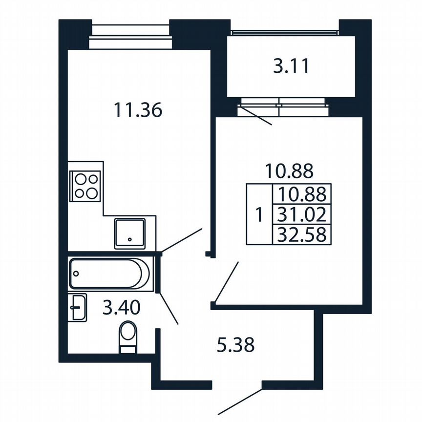 2-к. квартира, 34,1 м², 3/12 эт.